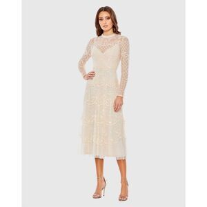 Mac Duggal NWT Sequined Illusion High Neck Long Sleeve Midi Dress in Nude Size 1